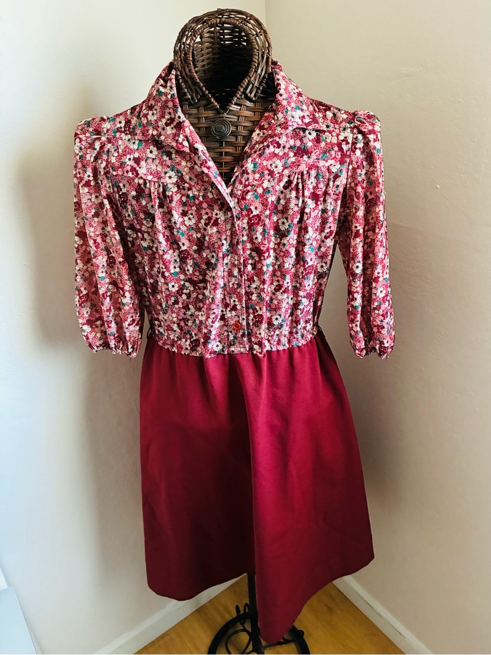 Vintage Pink Floral Bodice Dress with Burgundy Skirt